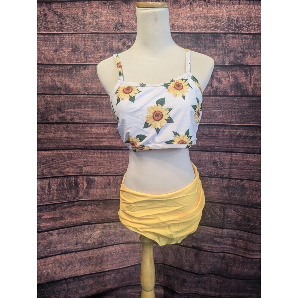 Yellow & Sunflower Floral Bikini Corset back‎ size XL NWOT Hi rise bottoms